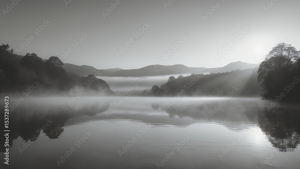 Fototapeta premium Misty Lake Reflection with Forest and Mountains in Monochrome Serenity