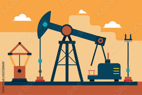 Oil pump jack silhouette at sunset, a symbol of the powerful fuel and gas drilling industry
