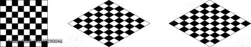 Basic Black and White Icon Set of 8x8 Grid or Tiles Chessboard in Top and Isometric Perspective View. Vector Image.