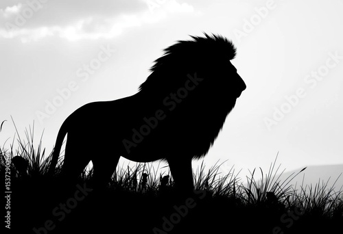 Majestic lion silhouette against lush African grassland, striking black and white vector illustration,  stock,  regal