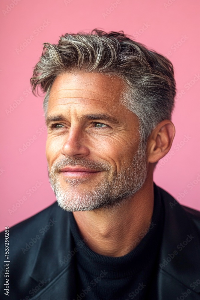 Pink solid background. A charming male captured in a close-up studio shot. Layout of style for aging men. Elegant men's classic long sweep haircut - midlife white man with blond hair. Pink solid background. A charming male captured in a close-up studio shot. Layout of style for aging men. Elegant men's classic long sweep haircut - midlife white man with blond hair.