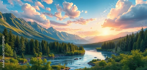Serene mountain river scene, lush forest, vibrant sky Modern vector illustration, green, artwork