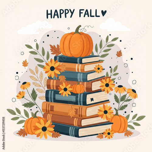 Happy Fall Illustration with Stack of Books, Pumpkins, and Flowers
