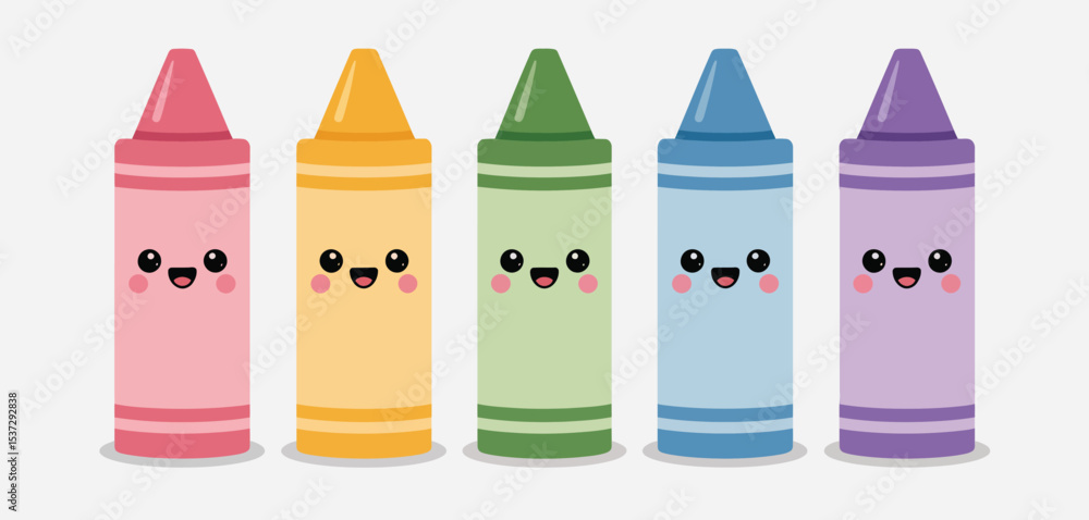 Fototapeta premium Cute Kawaii Crayons Row Happy Smiling Colorful
