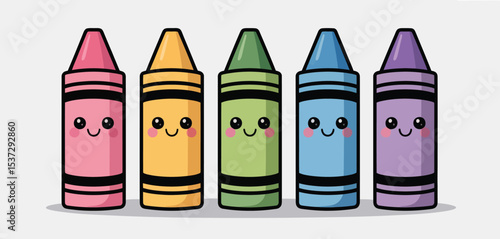 Cute Cartoon Crayons Row Happy Smiling Colorful