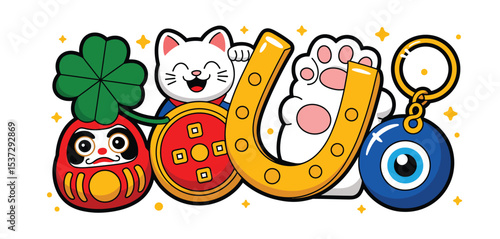 Lucky Charms and Cute Cat Illustration for Good Fortune