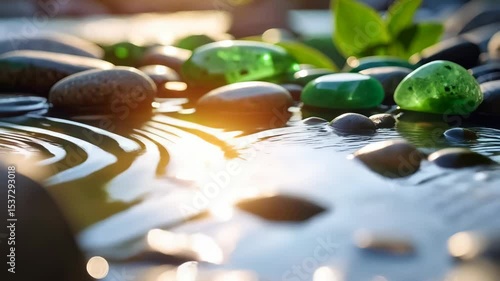 Close-up of smooth river stones in shallow water with green plants and glistening sunlight, zen and relaxation theme