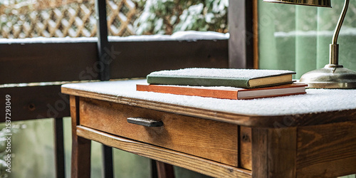 Winter's Cozy Reading Nook Books and Snow on Wooden Desk
