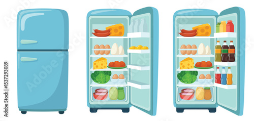 Full and Empty Light Blue Refrigerator Illustration