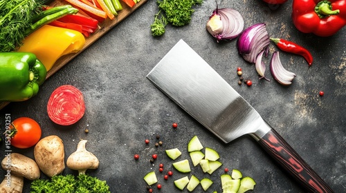 Large cleaver on a stone chopping board with sliced vegetables arranged around it