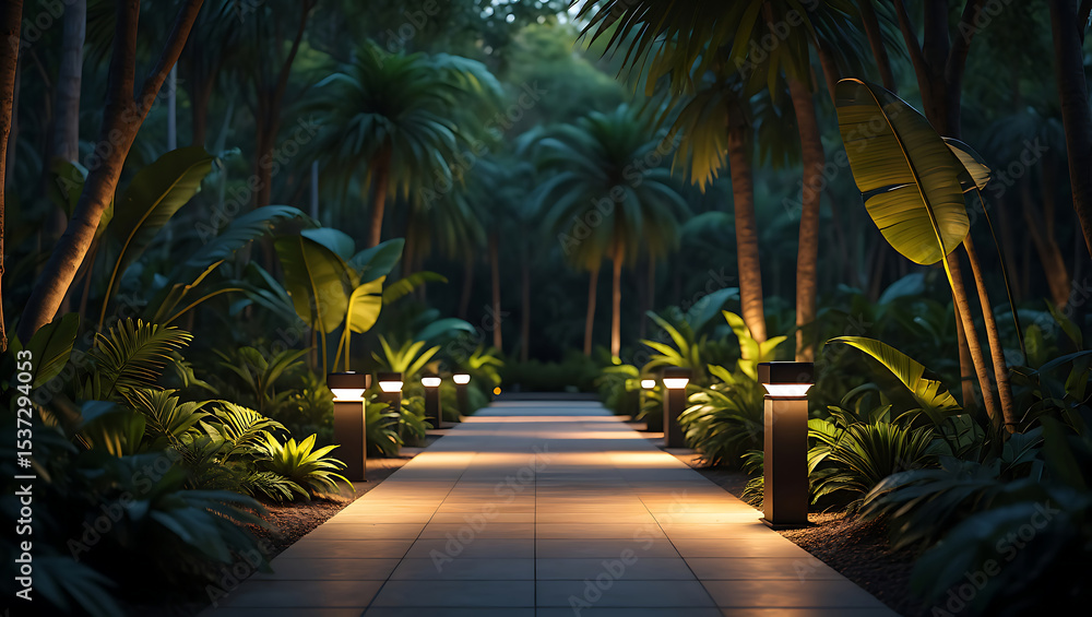 Fototapeta premium Tropical palm trees glow under the night sky, lining a tranquil beach path or resort walkway