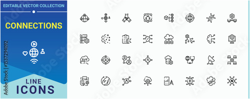 Connections icon set. Contain linear sign connect, net, network, internet. Networking vector line icon set. Modern vector UI icons. Pixel perfect. Editable stroke.