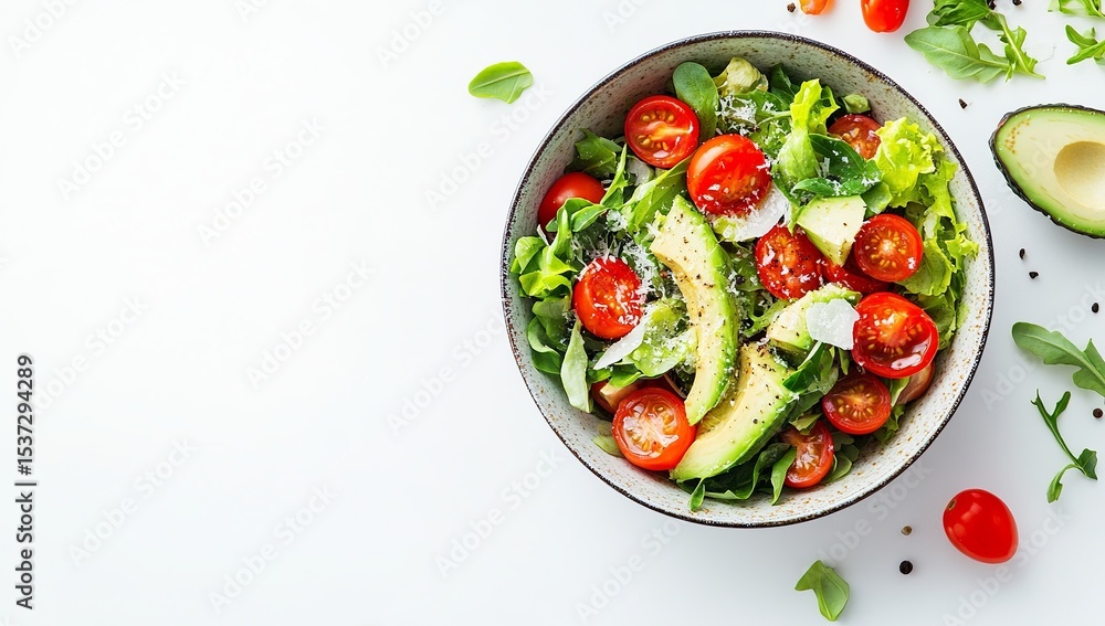 A bowl of fresh salad with vegetables and Parmesan cheese on a white background, in a flat lay arrangement. Space for text or product presentation concept. Top view, copy space banner template, A bowl of fresh salad with vegetables and Parmesan cheese on a white background, in a flat lay arrangement. Space for text or product presentation concept. Top view, copy space banner template,