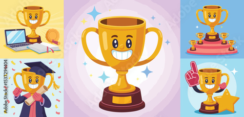 Happy Golden Trophy Cartoon Character Illustrations