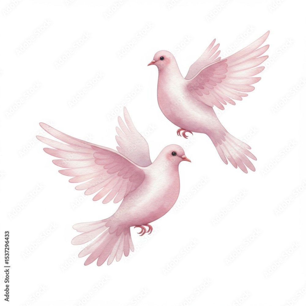 Obraz premium Two pink doves in flight illustration, peace symbol, delicate design