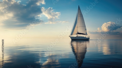 Slow-moving sailboat on calm sea with glassy water reflecting the boat's sail