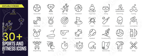 Sports and Fitness Stroke icon collections. Containing Soccer Ball, Basketball, Running, Yoga, Diving, Swimming, Gymnastics, Skateboard, Baseball icons. Editable Stroke icon collection Outline icon