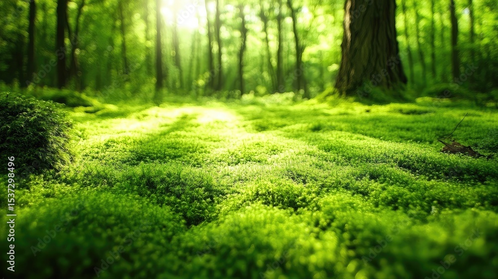 Fototapeta premium Bright green moss carpeting forest floor with filtered sunlight shining through trees