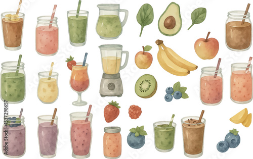 Vibrant collection of healthy, fresh smoothies in jars with fruits like bananas, berries, kiwi, and veggies like spinach and avocado, plus a blender, showcasing colorful, nutritious drinks