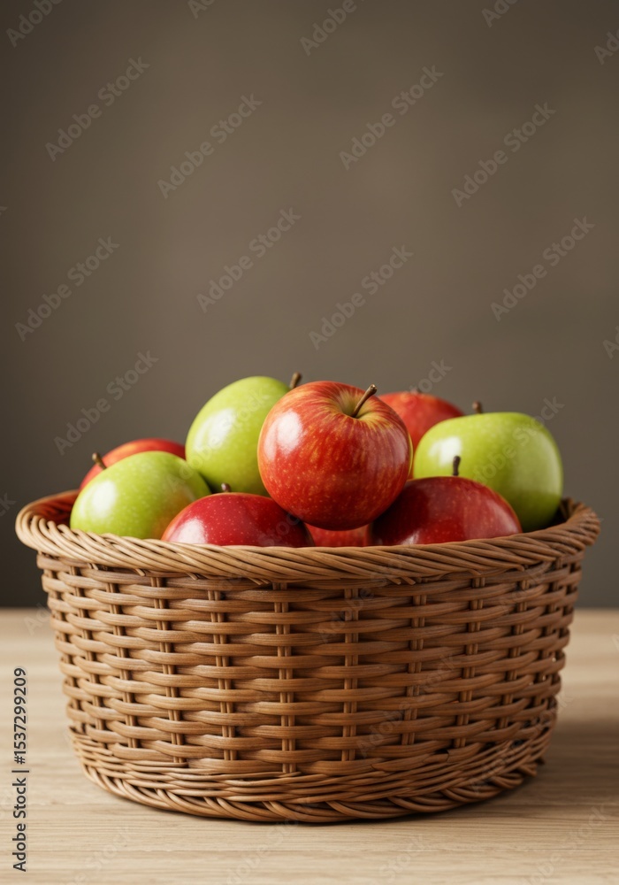 Red And Green Apples In A Wicker Basket On Wooden Table Red And Green Apples In A Wicker Basket On Wooden Table