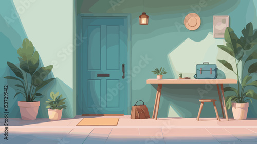 Stylish entrance hall with bright colors, plants, and modern furniture