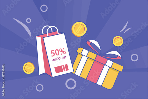 50% discount sale promotion with shopping bag and gift box