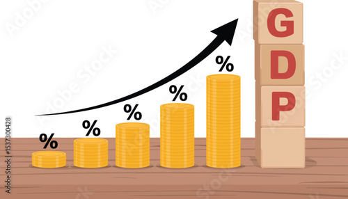 GDP Growth: A visual representation of increasing Gross Domestic Product shown with a rising graph and stacks of coins vector illustration
