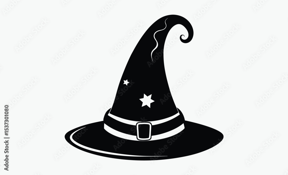 Fototapeta premium Halloween witch hat, old black hat, spooky hat silhouette, white background illustration
