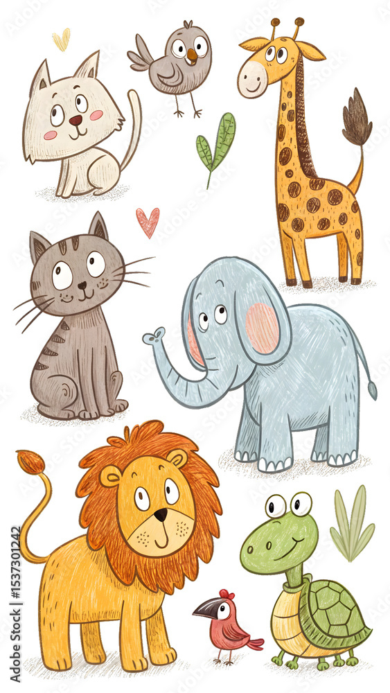 Naklejka premium An adorable array of cartoon animals, including two cats, a bird, a giraffe, an elephant, a lion, a turtle, and a small red bird. This charming and colorful illustration is perfect for children's them