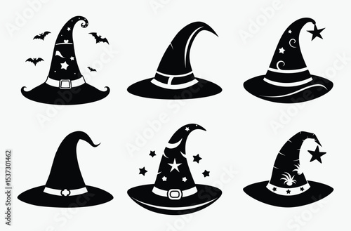 Halloween witch hat, old black hat, spooky hat silhouette, white background illustration