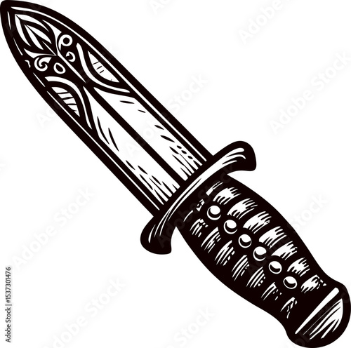 Ornate hand drawn dagger with decorative blade and textured handle isolated on white background illustration