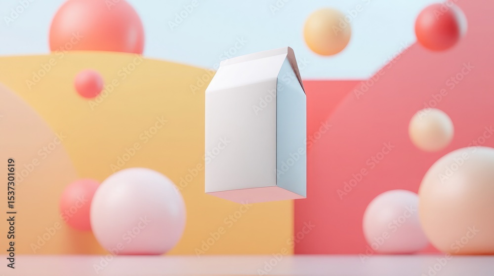 Fototapeta premium Single plain milk carton floating in mid-air against colorful abstract background