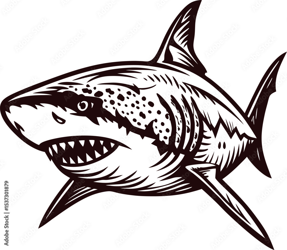 Fototapeta premium Hand drawn great white shark illustration in vintage engraving isolated on white background