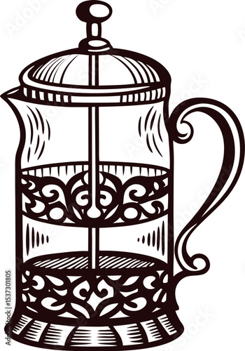 Detailed hand drawn french press coffee maker with ornate vintage design isolated on white background