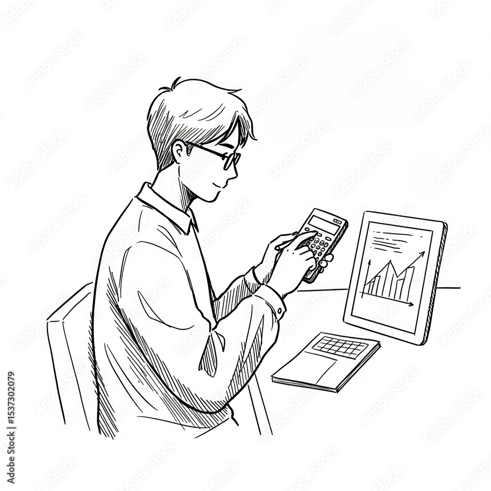 Young man concentrating while calculating data on a calculator with a digital graph displayed on a tablet, minimalist workspace background, concept of finance or education Young man concentrating while calculating data on a calculator with a digital graph displayed on a tablet, minimalist workspace background, concept of finance or education