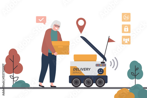 Old woman take box from robot, self drive bot. Fast delivery goods in city automatic car. Wireless robot carry parcel for customer. Grandmother with order