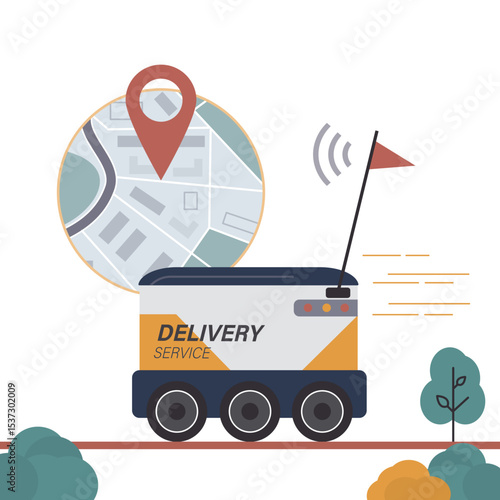 Food delivery robot is driving on the sidewalk. The Robots are delivering food, parcel or post. Unmanned car, navigation map isolated  on white background.
