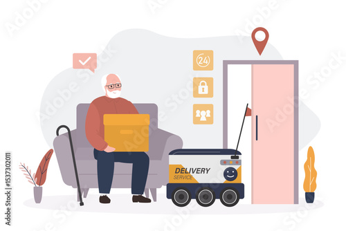 Old man take box from robot, self drive bot. Fast delivery goods in city automatic car. Wireless robot carry parcel for customer. Grandfather order goods from home.