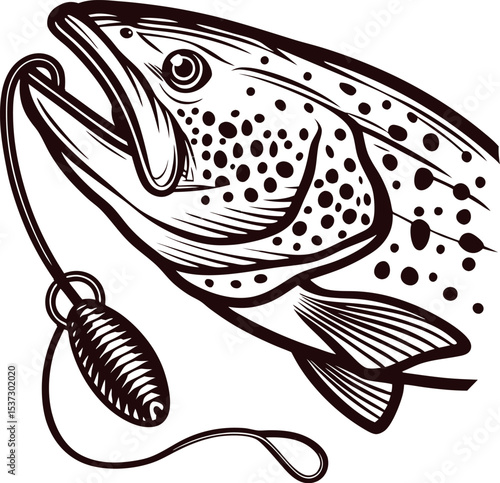 Detailed of a trout with fishing lure in flowing water environment
