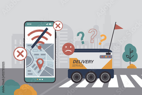 Unmanned delivery robot makes mistake and have problems with navigation. Signal loss, location failure, robot or mechanism failure.