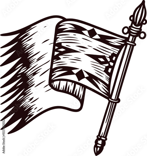 Detailed of a decorative flag with ornate patterns and vintage design elements