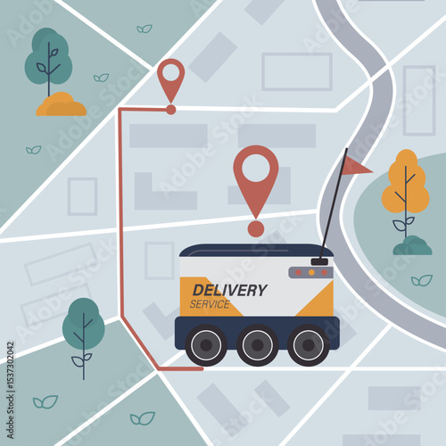 Food delivery robot is driving on sidewalk. Robots delivering food, parcel or post. Wireless technologies. Unmanned car in city. Map with way and location pins. Delivery service