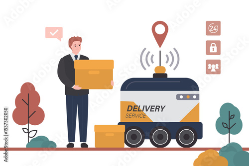 Happy businessman take box from robot, self drive bot. Fast delivery goods in city automatic car. Wireless robot carry parcel for customer. Male client with order