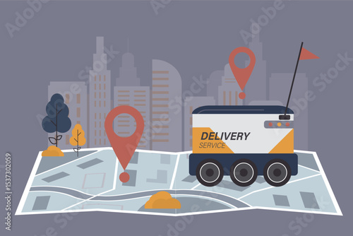 Food delivery robot driving on city map. Robot delivering food, parcel or post. Wireless technologies. Unmanned car on urban view. Map with way and location pins.
