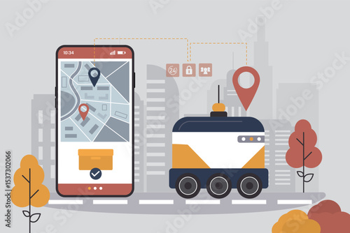 Delivery robot is driving on sidewalk. Robots delivering food, parcel or post. Wireless technologies. Unmanned car in city. Map with way and location pins in mobile phone app.