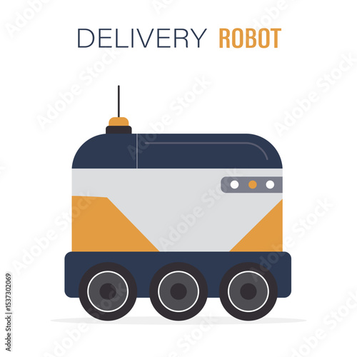 Food delivery robot is driving on the sidewalk. The Robots are delivering food, parcel or post. Unmanned car isolated on white background.