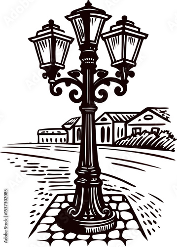 Vintage engraved illustration of an ornate street lamp on cobblestone with traditional houses in the background