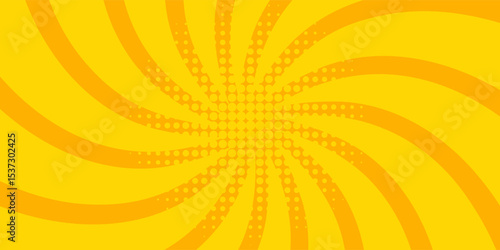Abstract orange comic background. Art pop cartoon backdrop. Halftone effect pattern. Fun anime texture. Starburst manga style bg. Mark popart radial gradient. Spiral, swirl, comic rays.