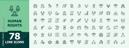Human Rights icon set. Minimal icons set. Support icon set in linear style. Contain linear symbols social, support, law, people, freedom and more.
