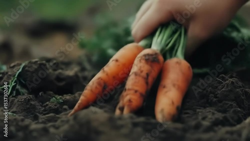 Harvesting fresh carrots by hand in lush garden soil